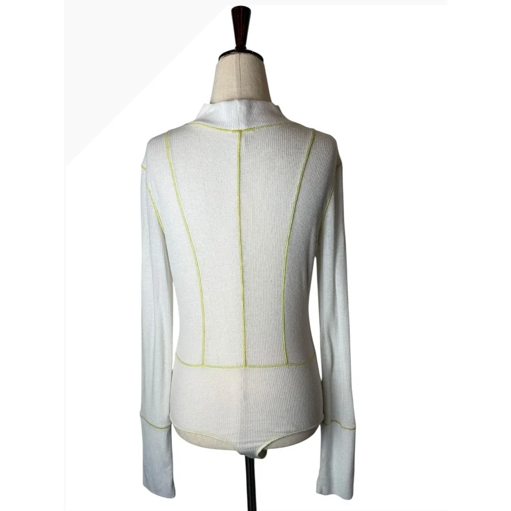 Free People Out of This World Bodysuit Women Small Ivory Yellow Ribbed Knit Boho